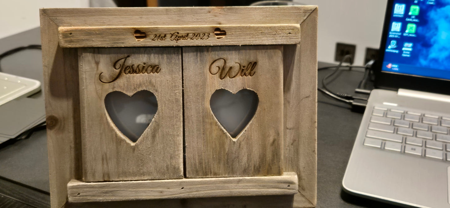 Personalised Laser Engraved Wooden Hearts Shutter Photo Frame - 6" x 4" - Decor